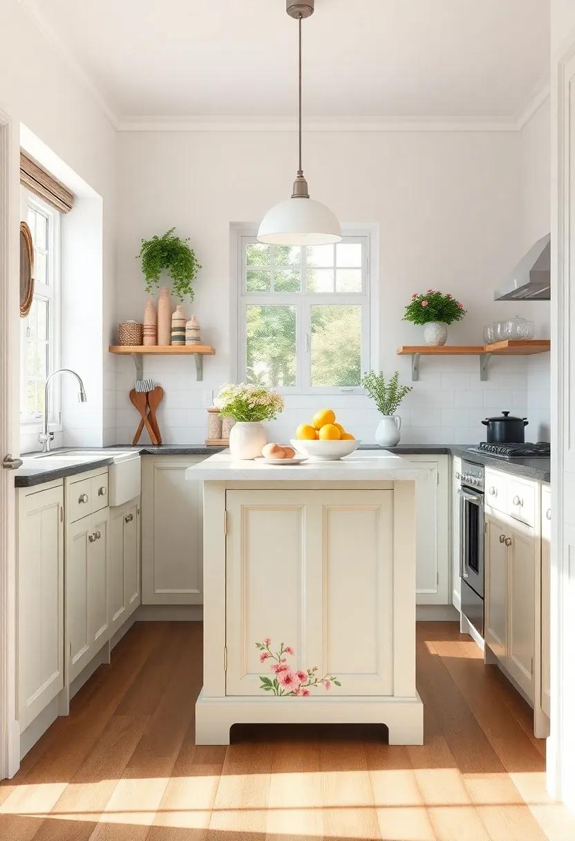 Charming ⁤Cottage: A ⁢delightful galley‌ kitchen ⁢with a quaint,⁣ painted island ⁣and floral motifs that exude a⁤ charming‌ cottage feel,⁣ perfect⁤ for creating‍ homemade meals