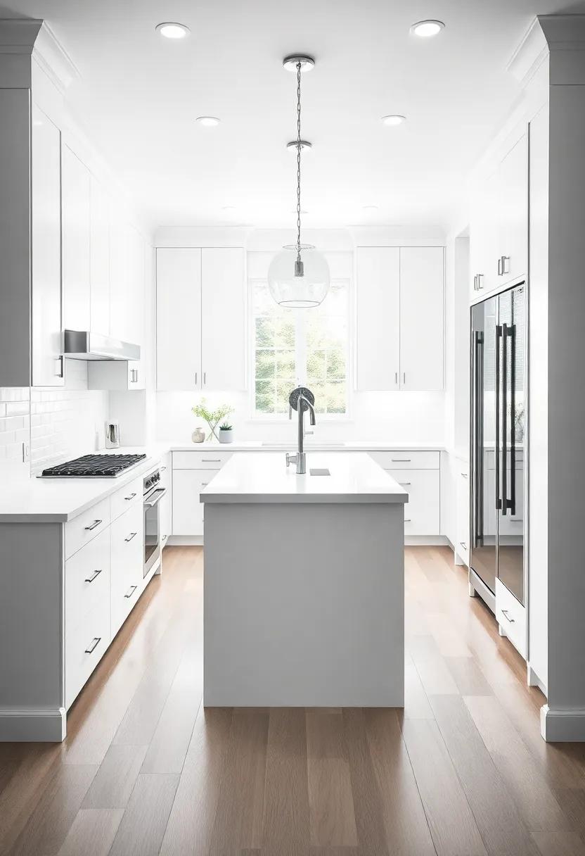 Monochrome Magic: A chic, all-white⁢ galley kitchen ⁣with​ a ‍stunning island that serves as a‌ statement ​piece, offering a clean, sophisticated ⁣look⁤ that ⁢never goes out of ​style