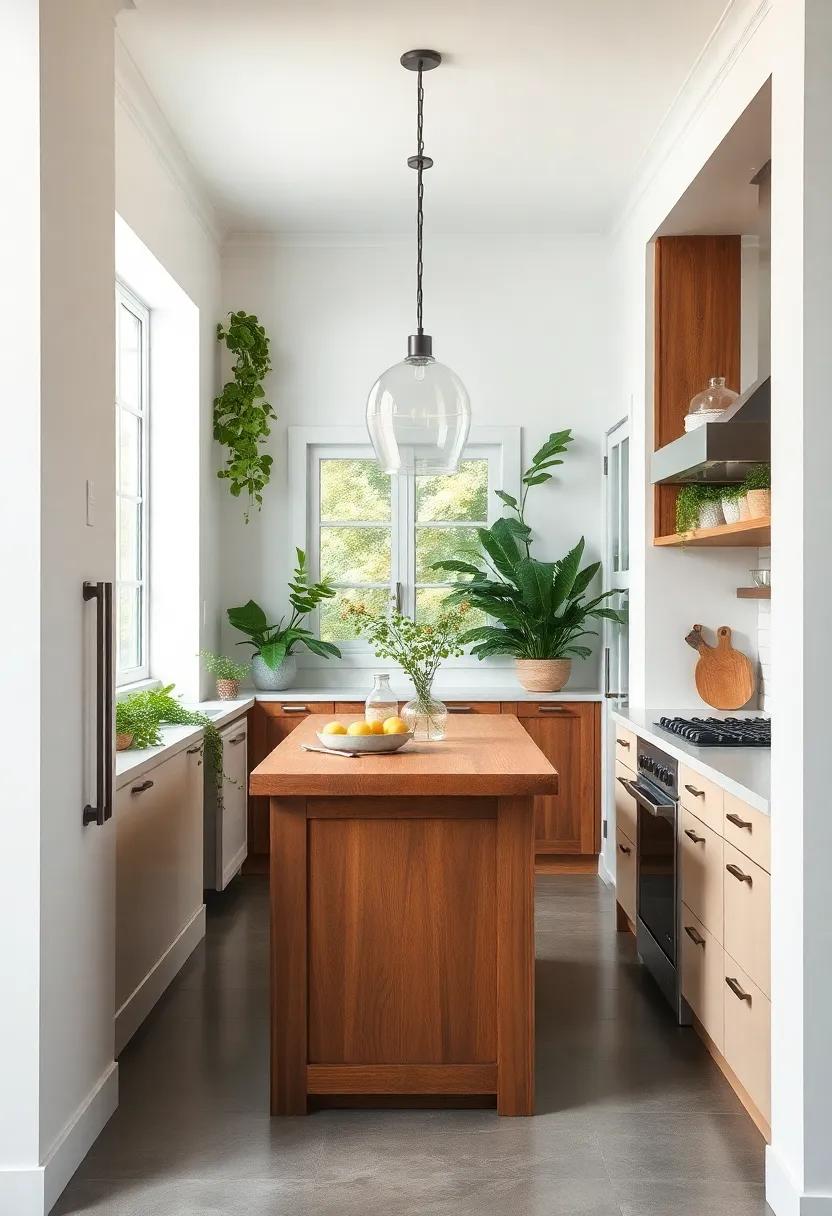 Natural Elements: A serene galley ⁢kitchen‌ bringing ‍the outdoors in with greenery around a wooden‌ island, creating ⁤a ⁤harmonious space filled with life and⁣ tranquility