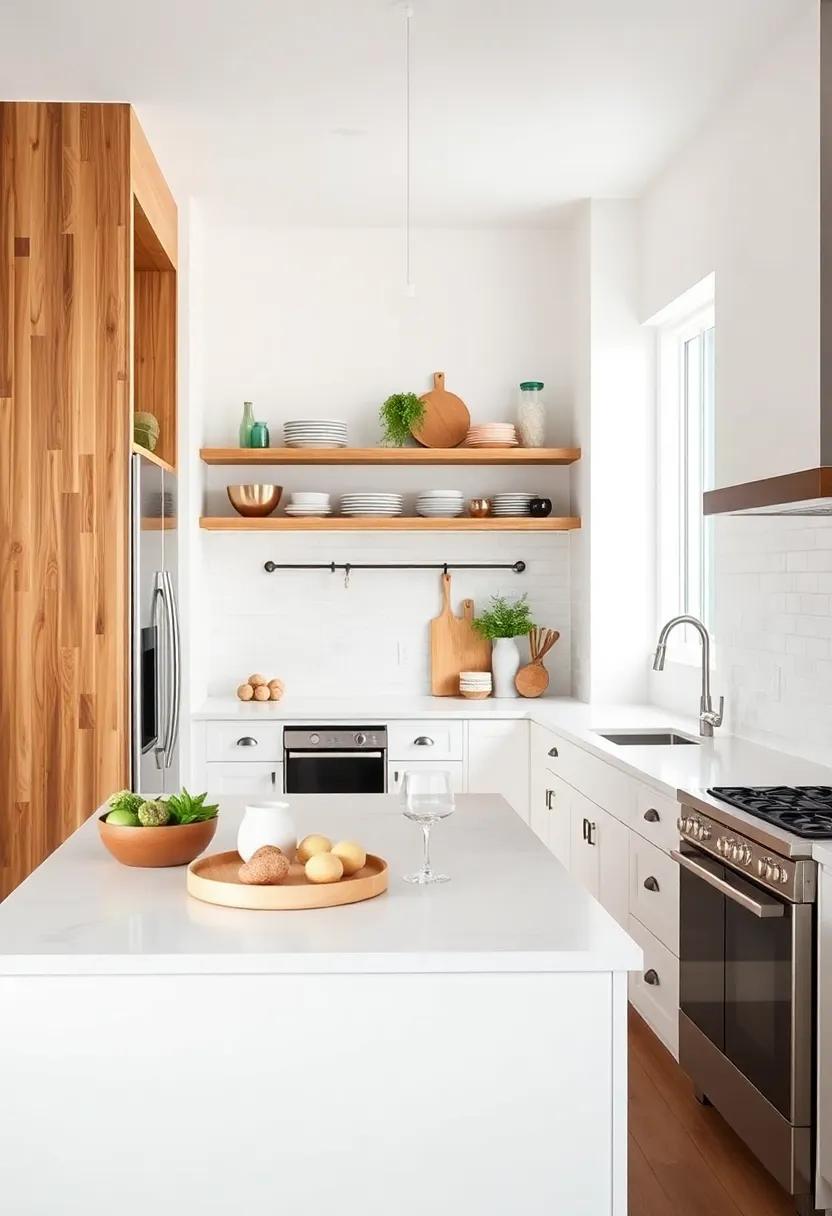 Open ​shelving Delight: A stylish galley kitchen with a multi-functional island‌ and‌ open shelving that displays beautiful dishware ‌and decorative‌ accessories,⁢ adding a personal ⁤touch