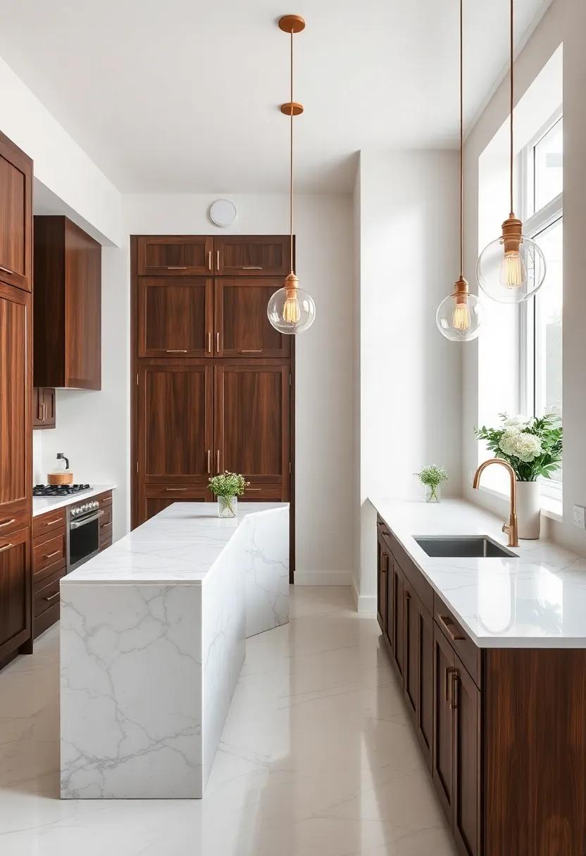 Sophisticated Elegance: A luxurious ⁣galley ⁤kitchen showcasing ‍a marble-topped island, ⁣rich cabinetry, ⁤and elegant pendant‍ lights that create an ‌atmosphere of refined sophistication