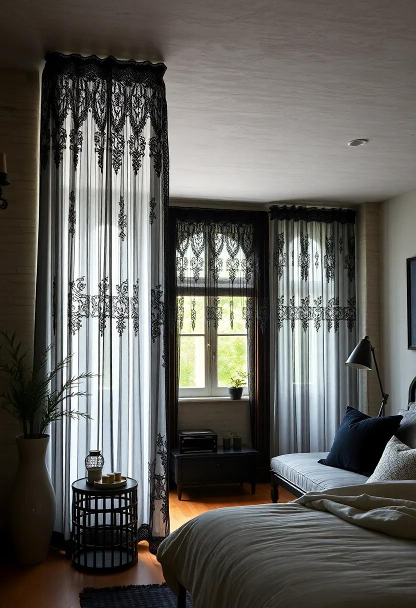 Black Lace Curtains: Hang sheer black lace drapes to maintain a sense of privacy while allowing soft light to filter through, adding an air of mystery