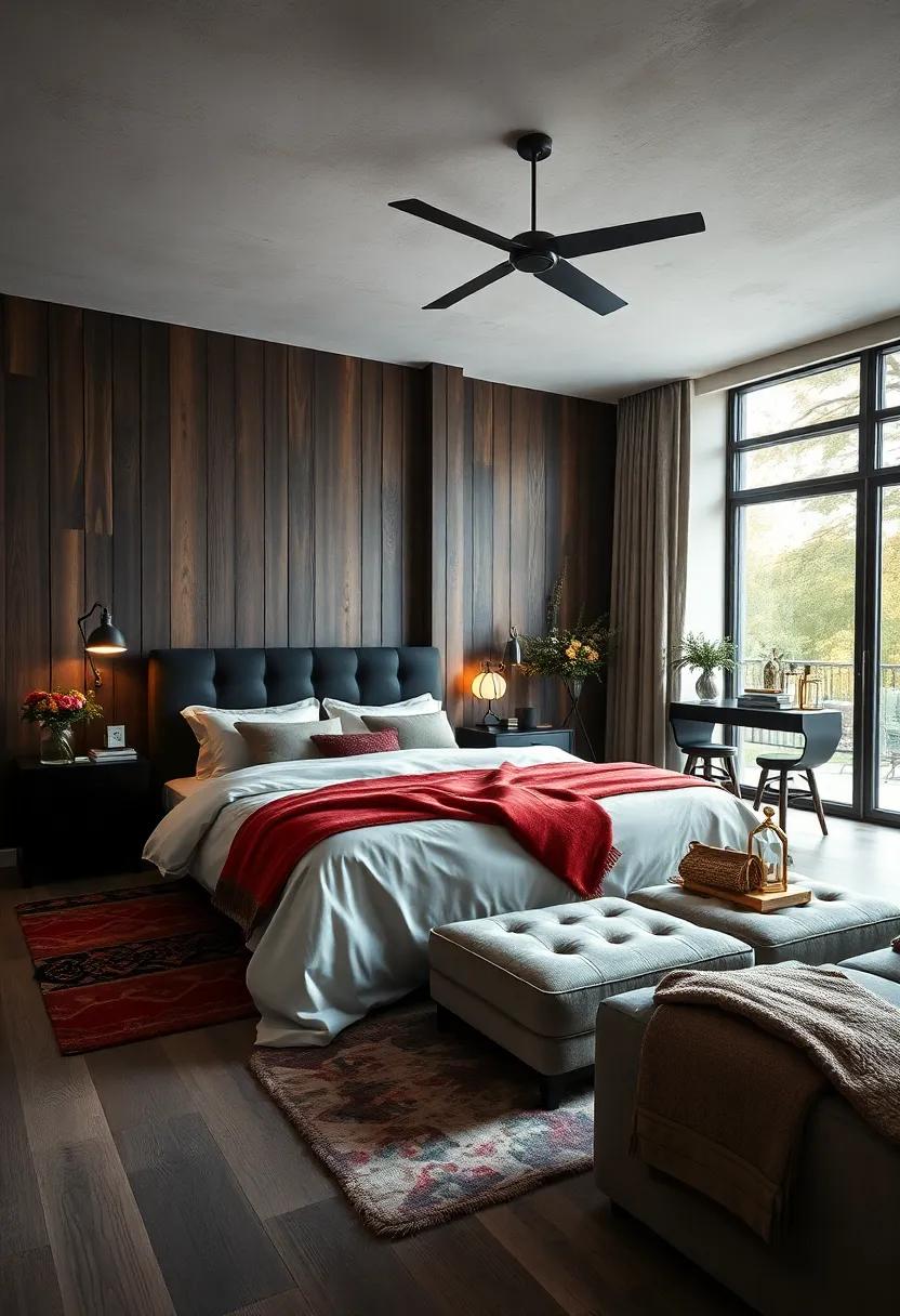 Dark Wood Accents: Use rich, dark wood for furniture and flooring to enhance the overall drama of the room’s design