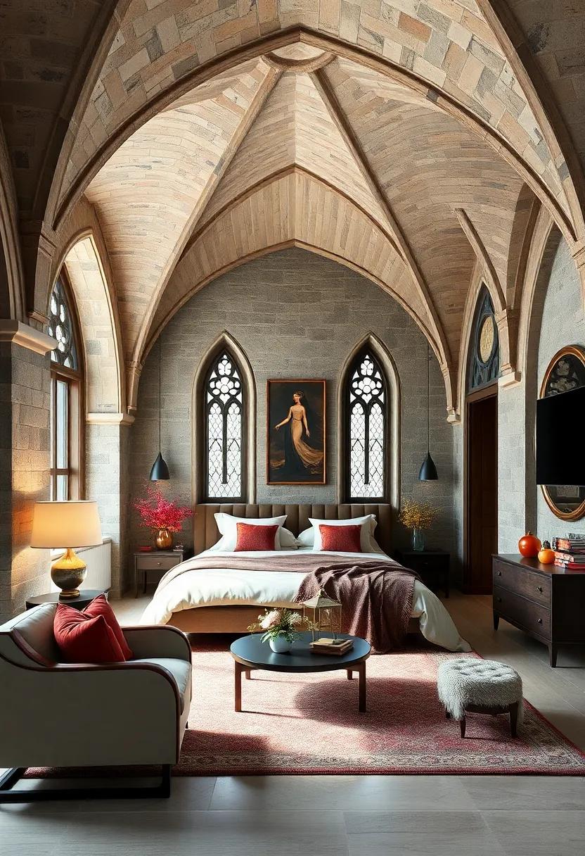 Gothic Arches: Incorporate architectural details like Gothic arches or pointed windows to bring a dramatic flair to your bedroom’s layout