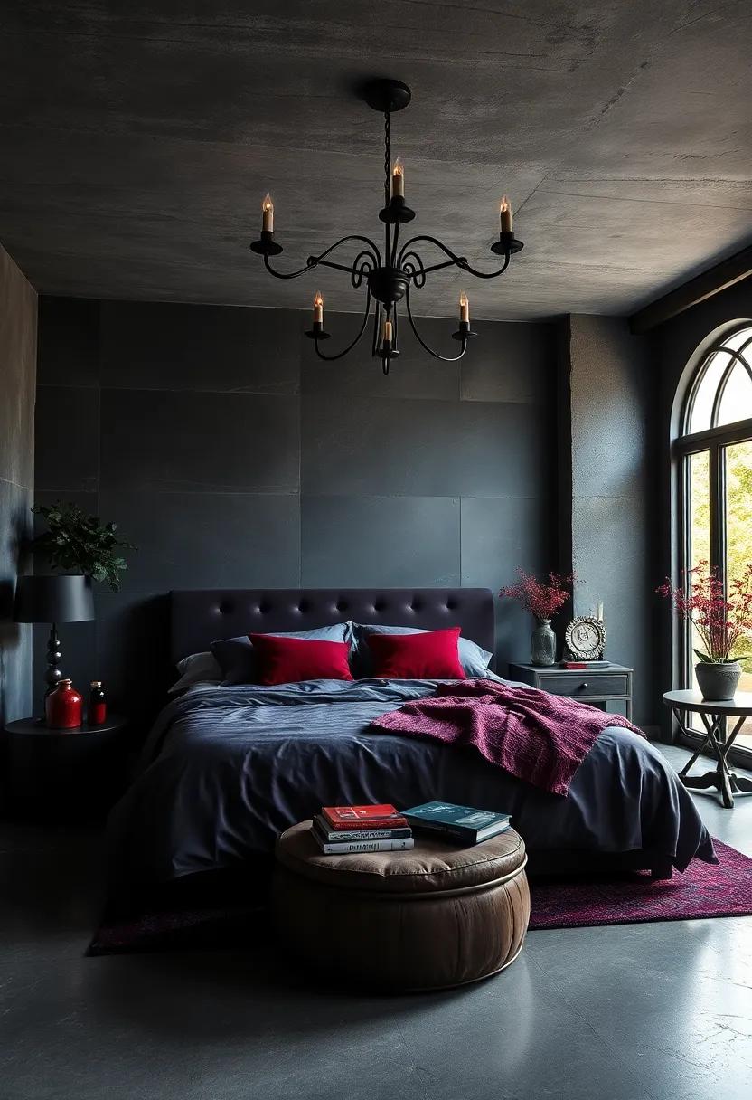 Rich, Deep Colors: Embrace shades of black, dark purple, and blood red to create a moody atmosphere that envelops the room