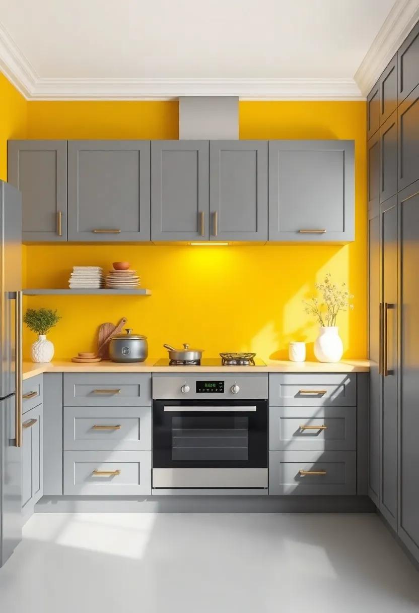 Embrace Contrast: ‌Highlight the bold contrast between gray cabinets and vibrant yellow ⁤walls for a striking visual‍ impact