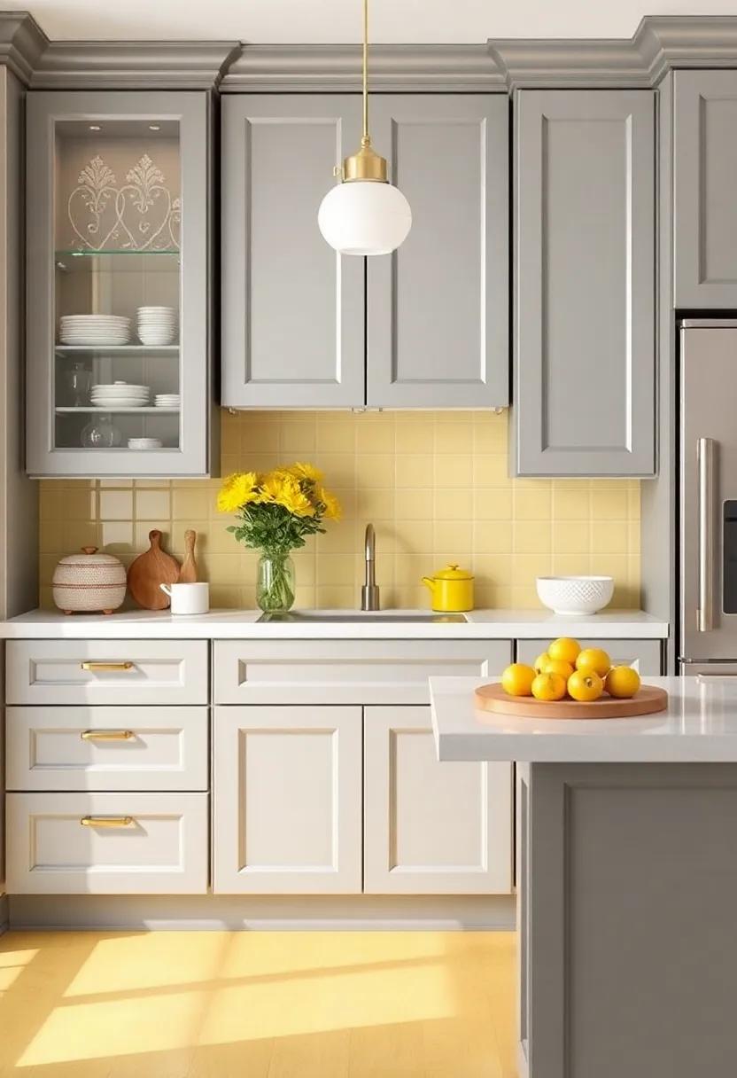 Open Shelving Solutions: Combine open shelves painted in yellow with gray cabinets to create an airy feel while displaying cheerful dishes