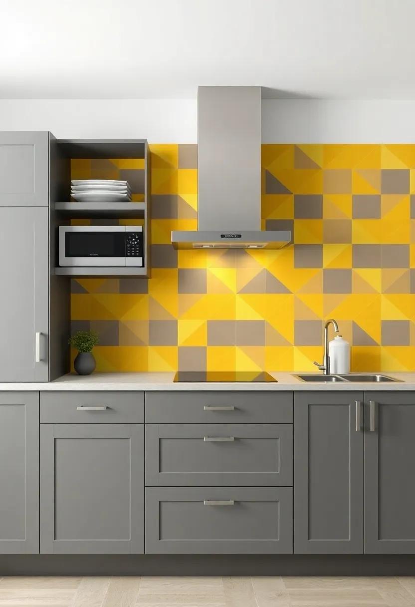 Accent wall Ideas: Create a feature wall with a stunning geometric pattern in yellow that complements the gray cabinetry