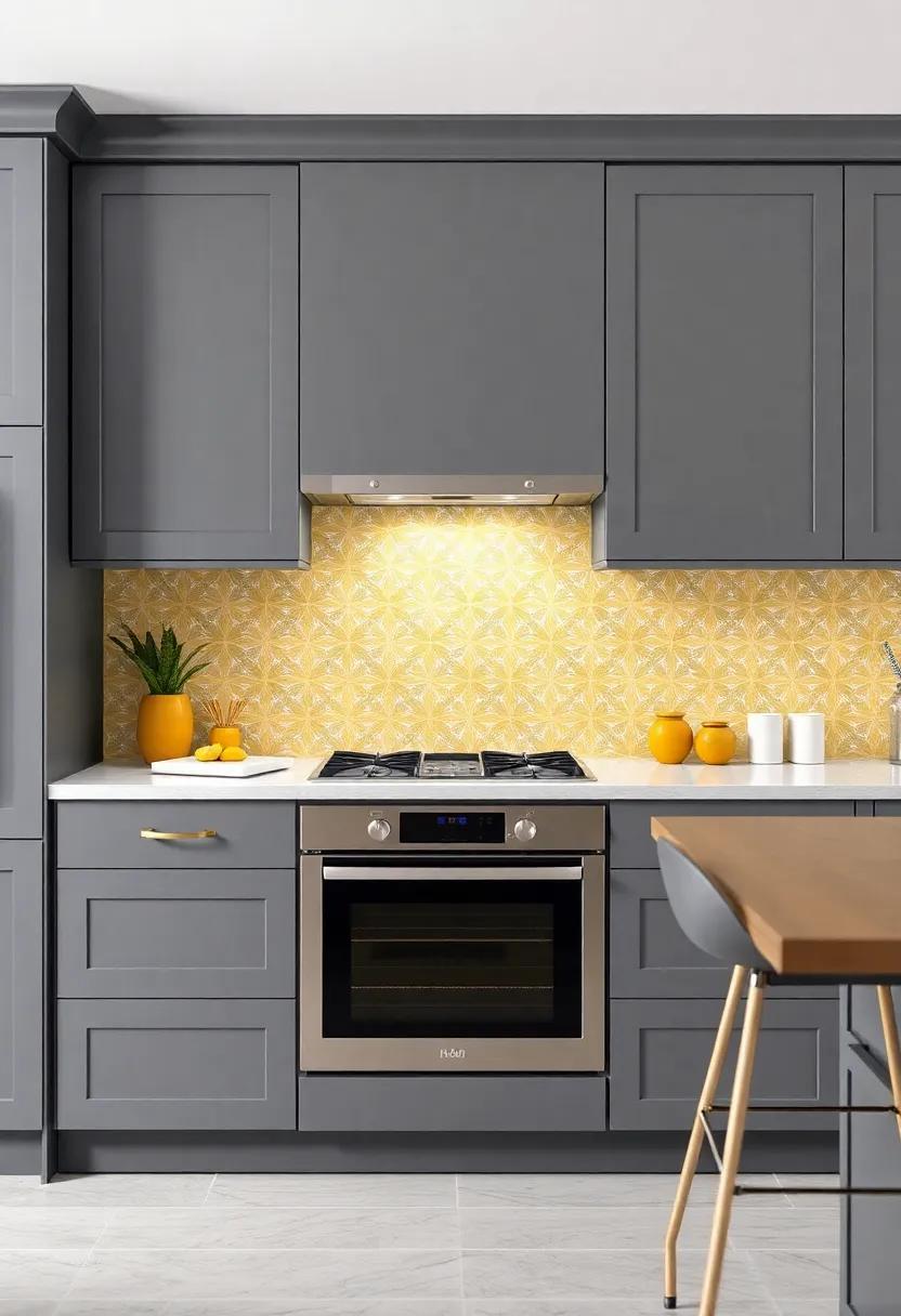 Patterned Backsplash: Choose a lively, patterned backsplash featuring both gray and yellow to tie the room together