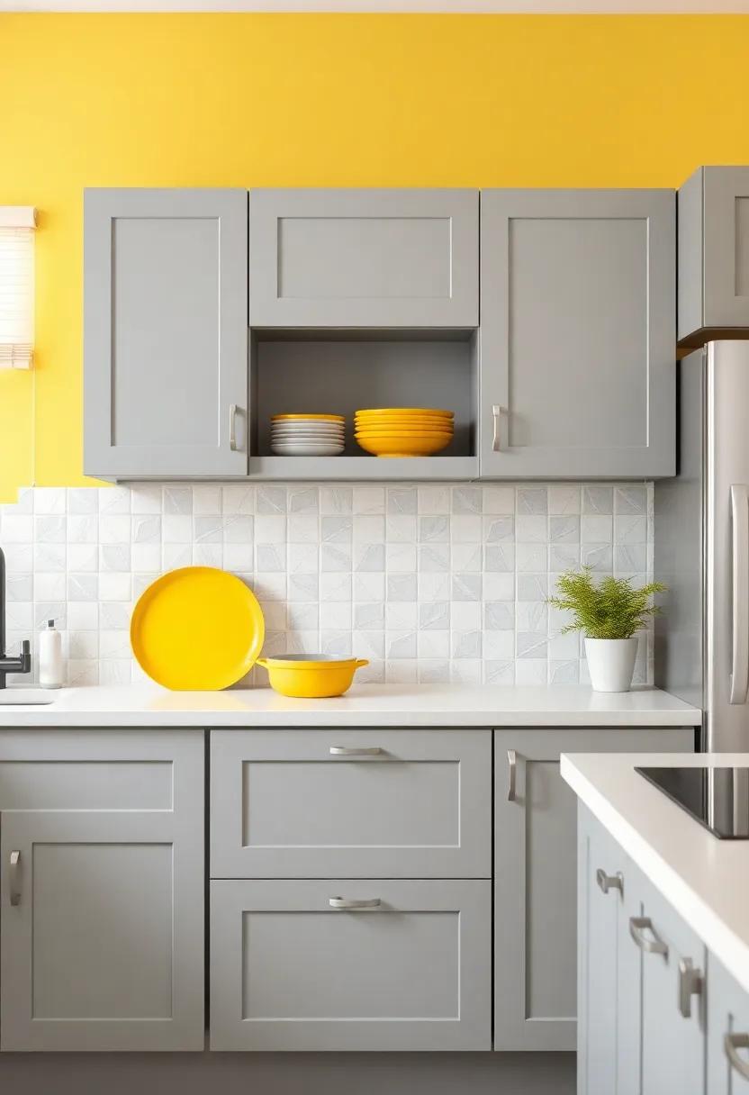 Playful Kitchenware: Incorporate yellow dishware or cookware to infuse fun and color into your gray kitchen cabinetry