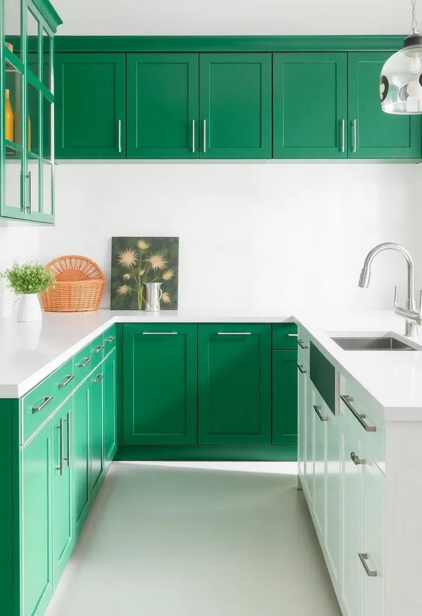 Bold Contrast: Combine bright white countertops with rich emerald green cabinets to create a striking visual impact ‌that brightens up your culinary space