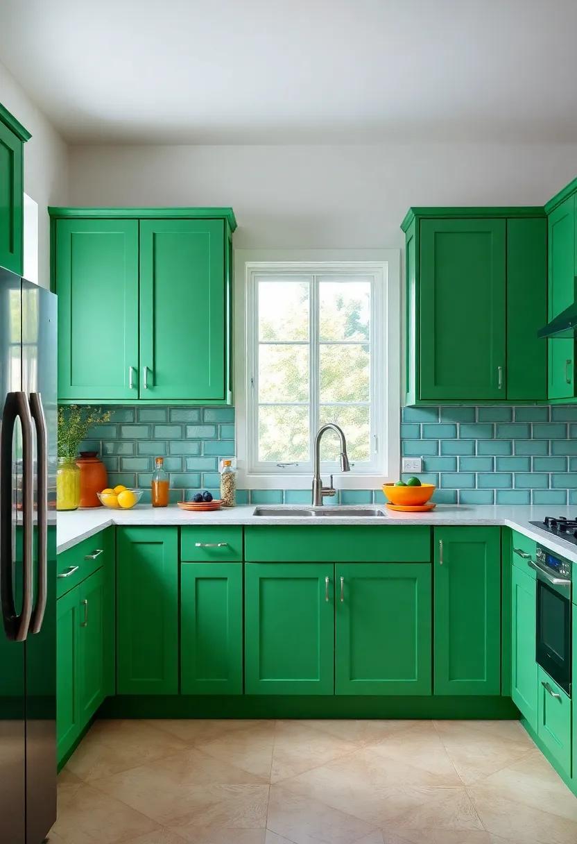 Color‌ Pop: Accent bright green cabinets with pops of vibrant colors in your ​decor, like orange or yellow accessories, to​ energize the space