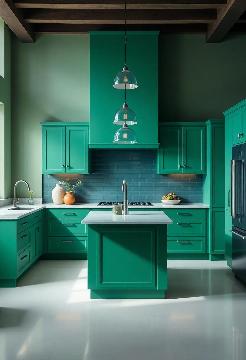 Dramatic lighting: Install pendant lights above a green kitchen island to create a⁤ focal⁤ point while enhancing the rich color of the cabinets