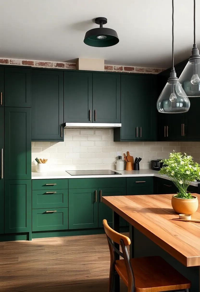 Industrial Edge: Mix dark green cabinets with exposed brick ‍and metal elements ​for an‍ urban and ‍trendy‌ kitchen design