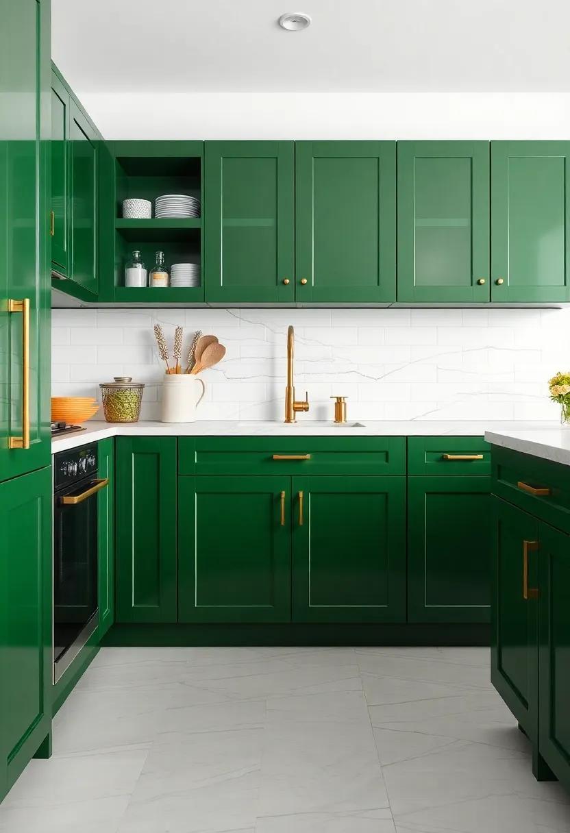 Luxurious Depth: Use glossy ⁣hunter green cabinets with marble ⁣countertops ​for a luxurious, high-end kitchen finish