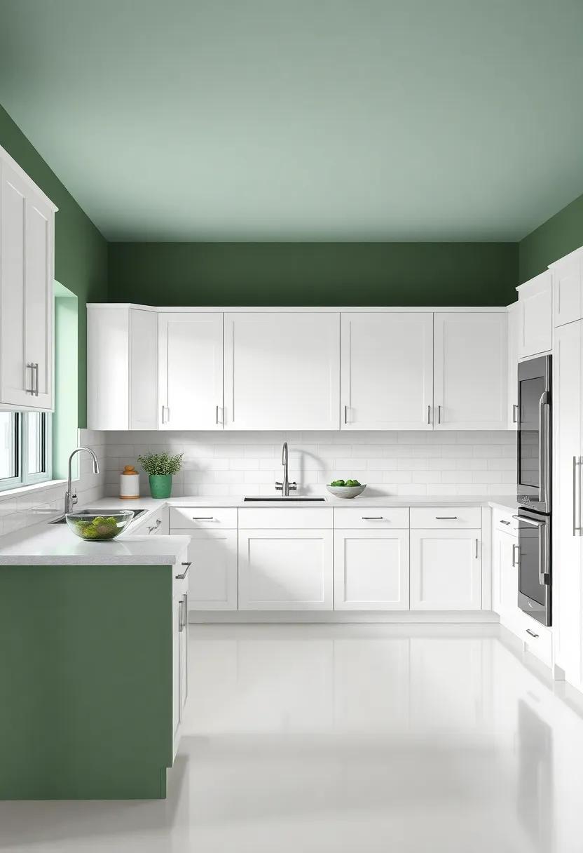 Timeless White: Create a striking balance ‌by using classic white cabinets alongside dark green accents, offering a clean and elegant finish to your culinary space