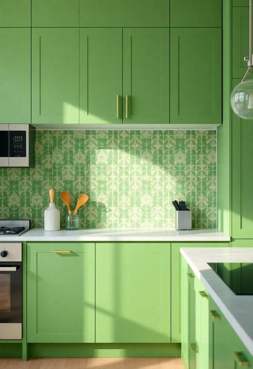 Wallpaper Wonders: Use green patterned wallpaper or backsplash alongside ​your green cabinetry for an artistic and cohesive⁣ look