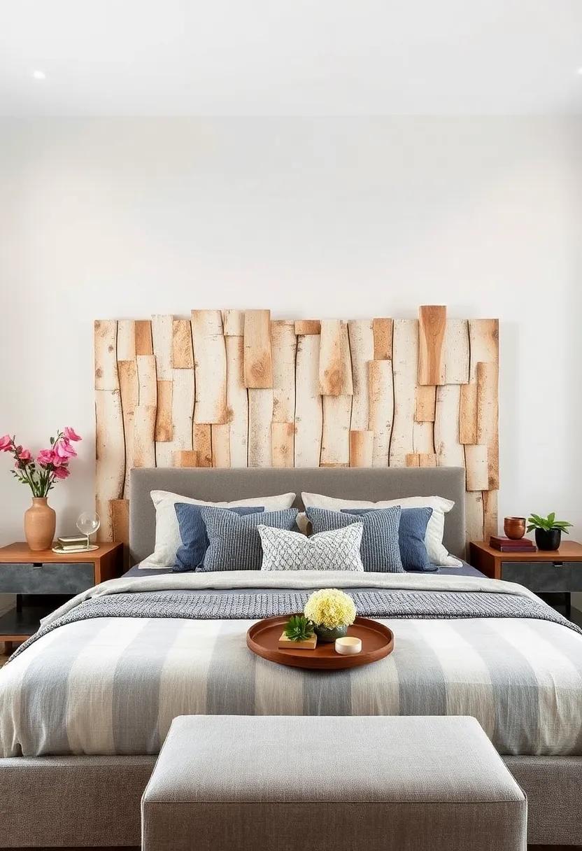 Birch Bark Inspiration: A headboard designed with strips of birch bark captures the essence of woodland beauty, ensuring a soothing environment