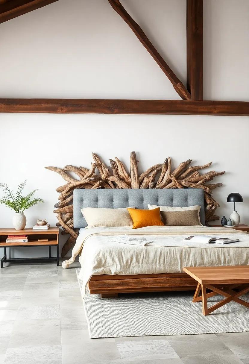 Driftwood Dreams: A stunning headboard made from reclaimed driftwood, exuding a beachy vibe that brings the calm of the ocean into your bedroom