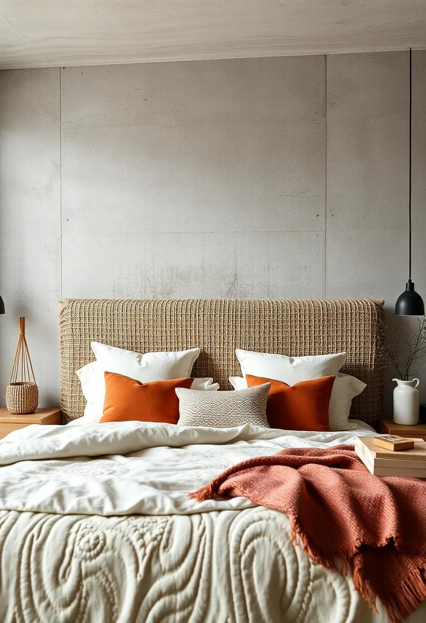 Jute and Fabric Blend: A textured jute headboard combined with soft fabrics creates an inviting yet rugged aesthetic for a laid-back retreat