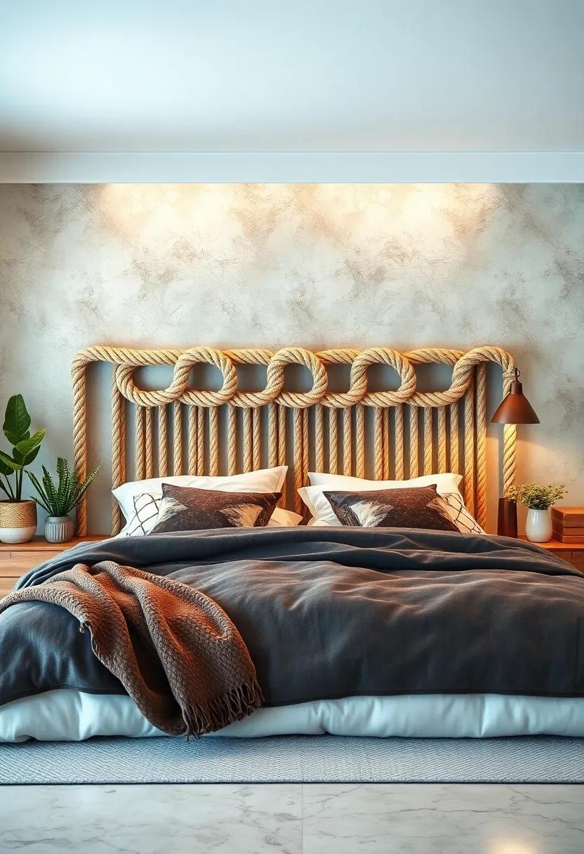 Knotted Rope: A nautical-themed headboard made from intricately knotted rope introduces a playful maritime charm and texture to your bedroom