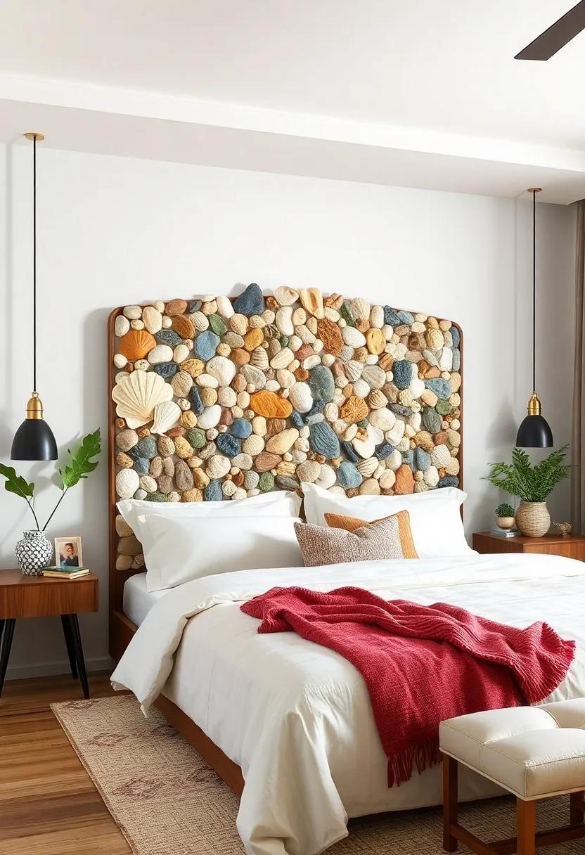 Mosaic Magic: A headboard crafted from various natural materials, such as shells, stones, and wood, creates a vibrant mosaic that inspires creativity