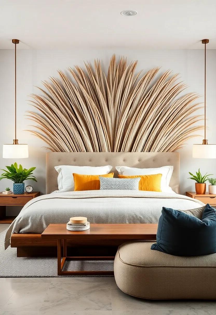 Palm Frond Fantasy: Crafted from palm fronds, this breezy headboard evokes a relaxed island lifestyle, perfect for creating a tropical retreat