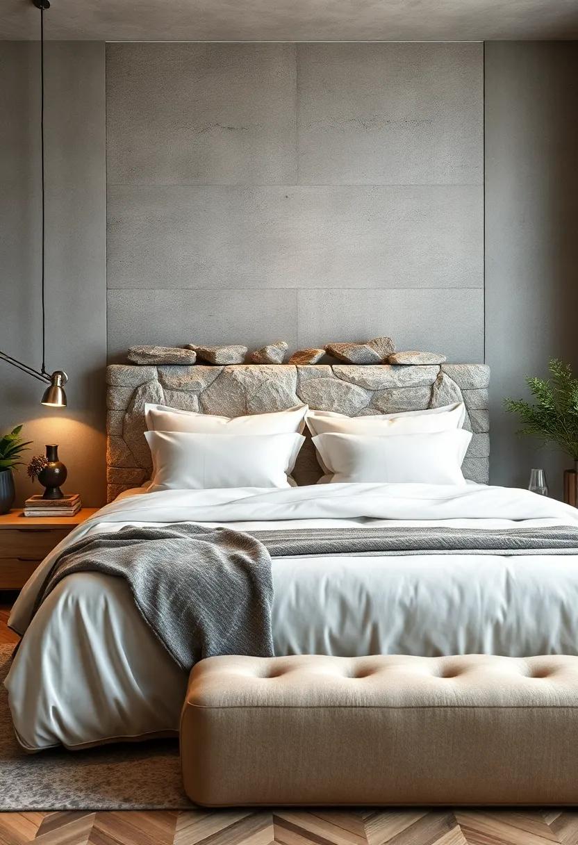 Stone Accent: Incorporate natural stone elements into a headboard design for a dramatic and earthy vibe, inspired by the majestic mountains