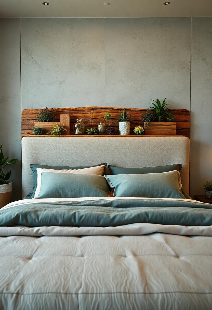 succulent sanctuary: A headboard adorned with built-in planters brings the beauty of greenery indoors, making your sleep space feel like a garden oasis