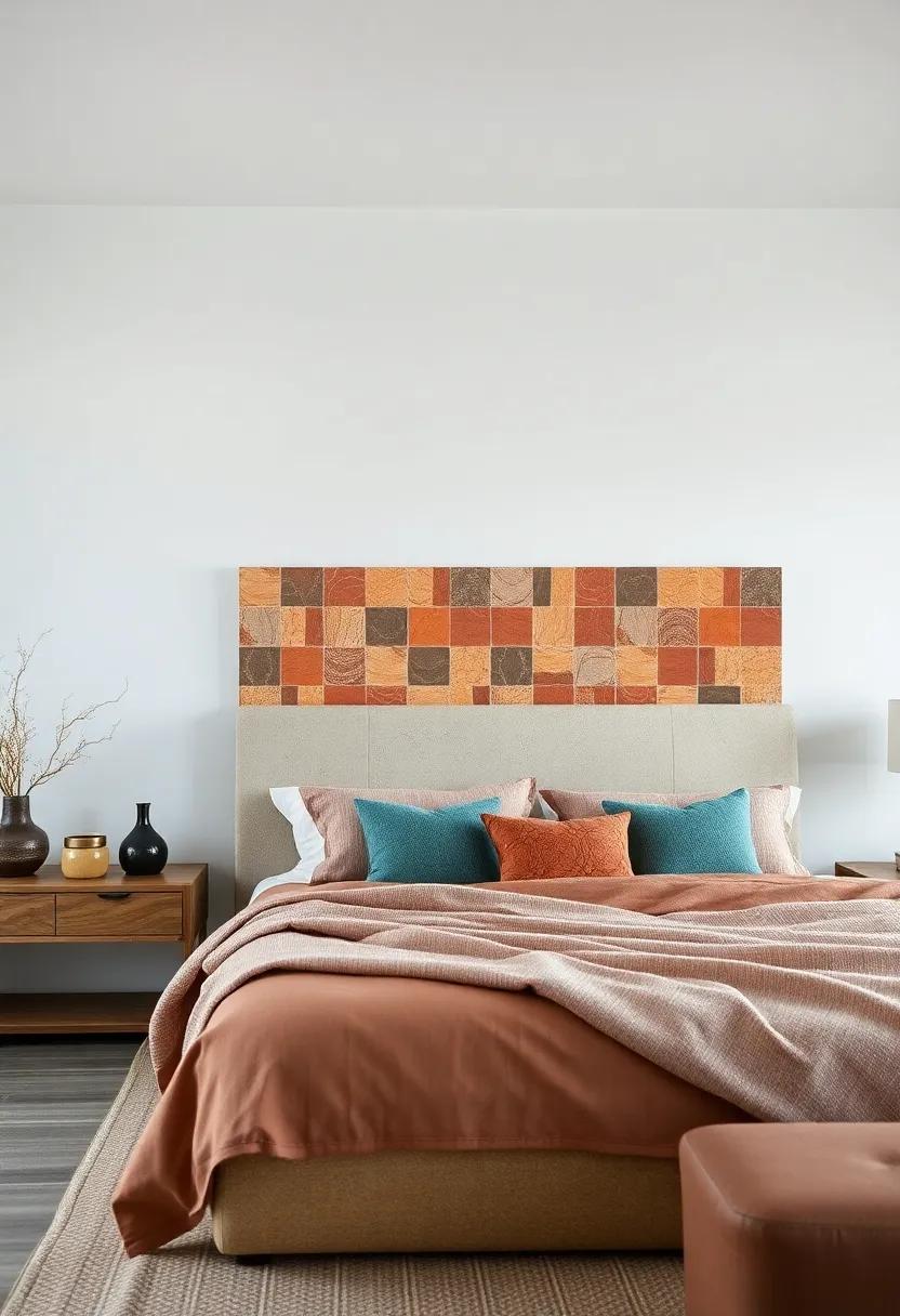 Terracotta Touch: A headboard featuring hand-crafted terracotta tiles introduces warm, earthy tones and unique patterns for an artisanal touch