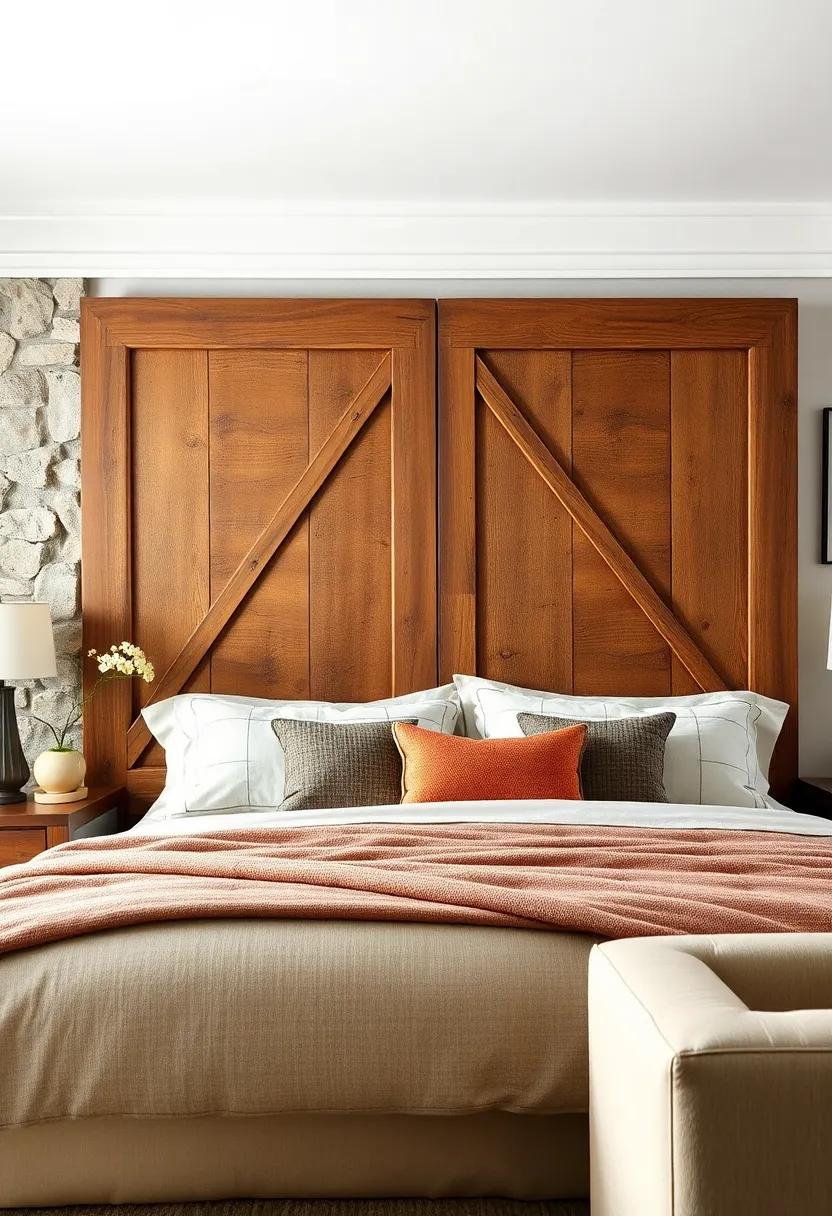 Vintage Barn Door: Repurposed barn doors transformed into a headboard tell a story of rustic history while providing a warm and inviting ambiance