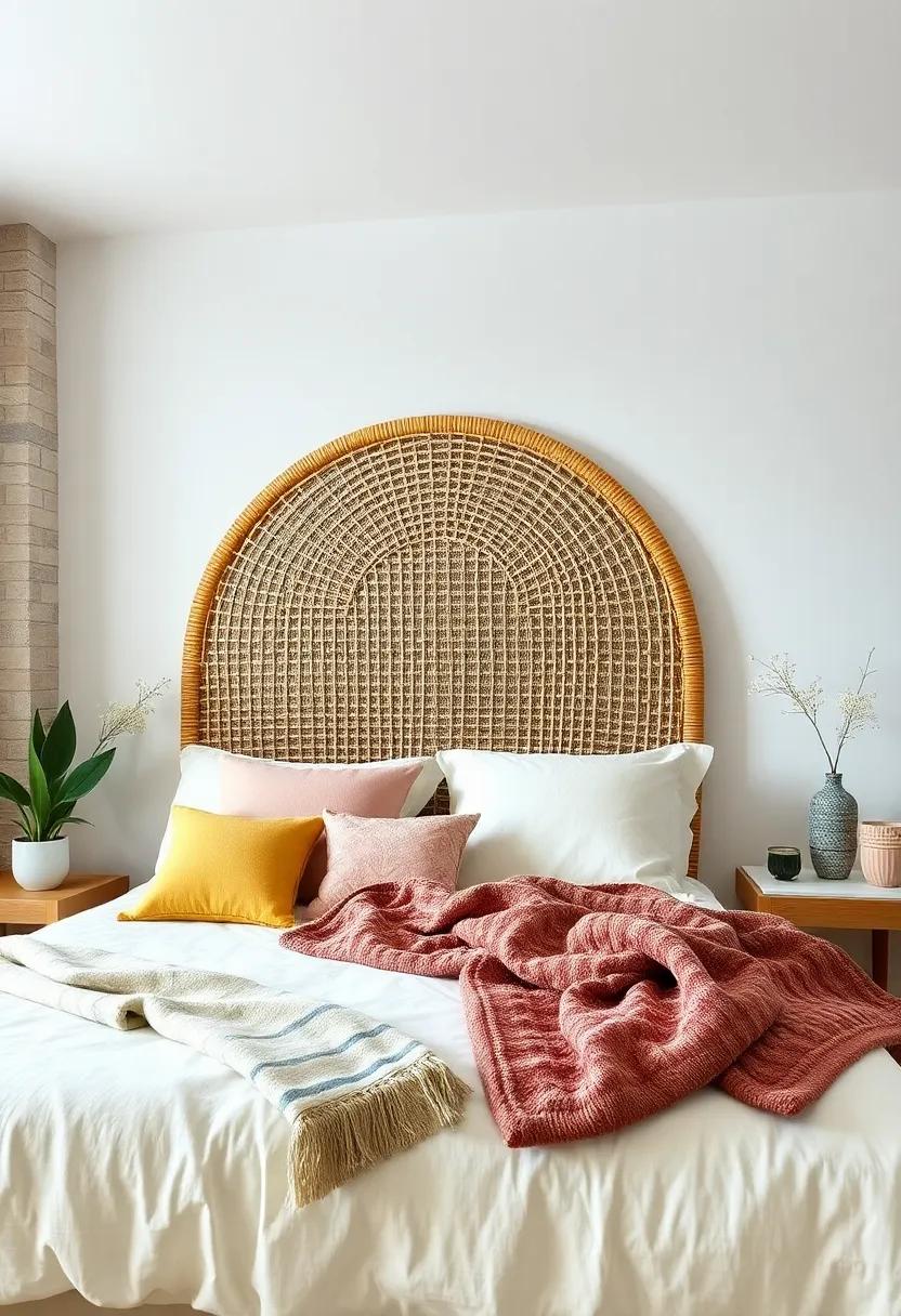 Wicker Weave Wonder: A classic wicker headboard infuses a light and airy feel, effortlessly pairing with bright linens and pastel hues