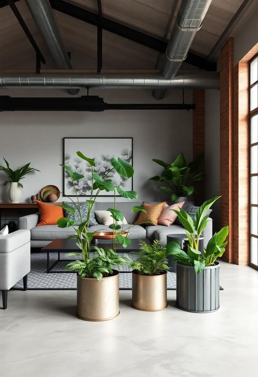 Indoor Plants with Metal Planters: Add greenery to your industrial space by using metal planters, which provide a beautiful contrast against the living room's⁤ rugged features