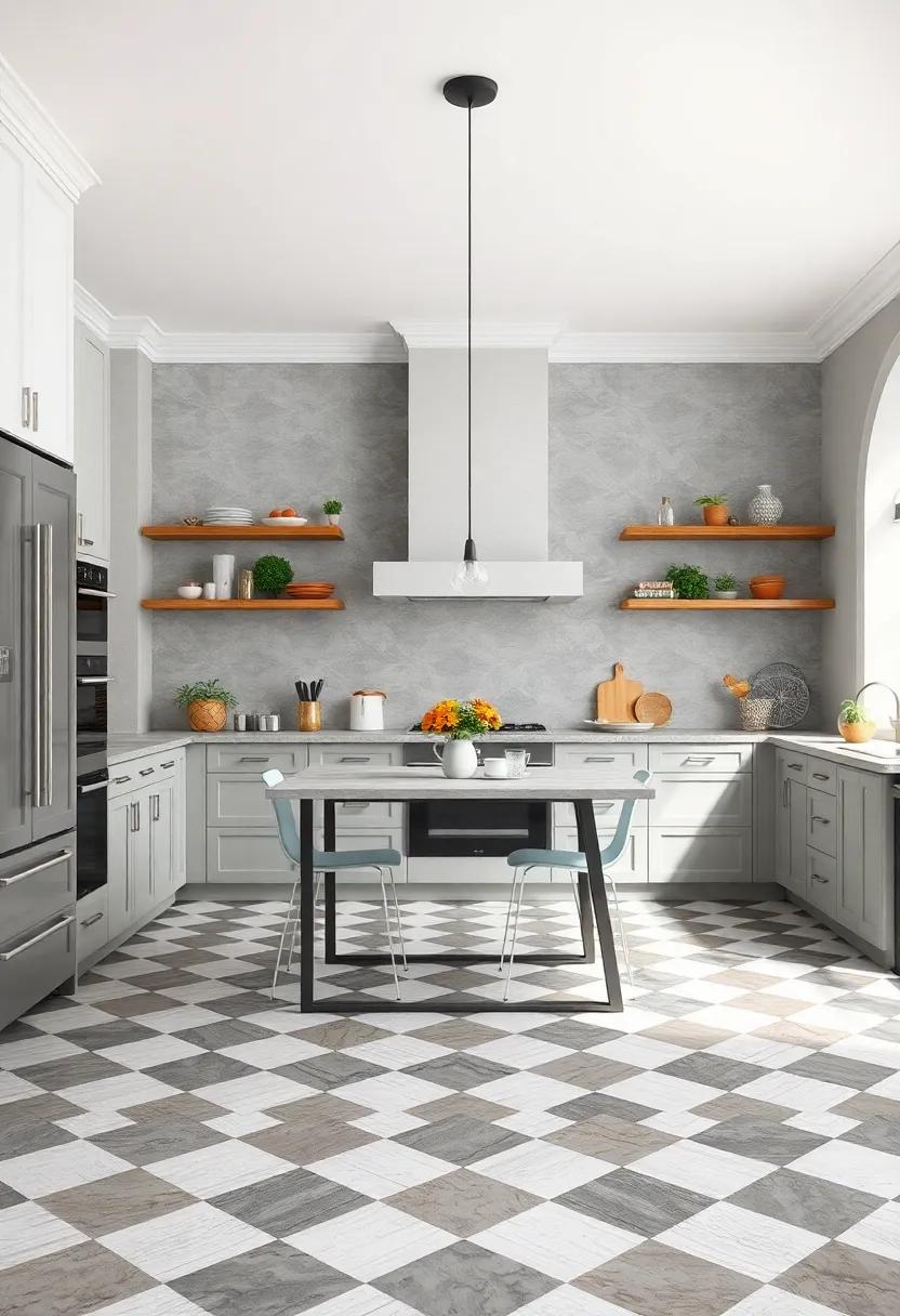 Classic Checkerboard: Revisit a classic with a grey and white checkerboard pattern, perfect for adding a timeless element to your kitchen