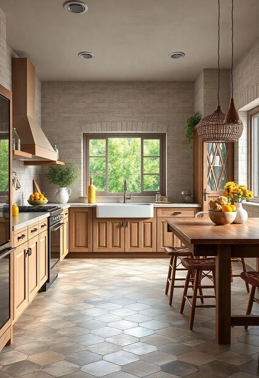 Coastal Style Fish Scale Tiles: Fish scale tiles in muted hues can introduce coastal charm to your rustic kitchen, creating a serene atmosphere