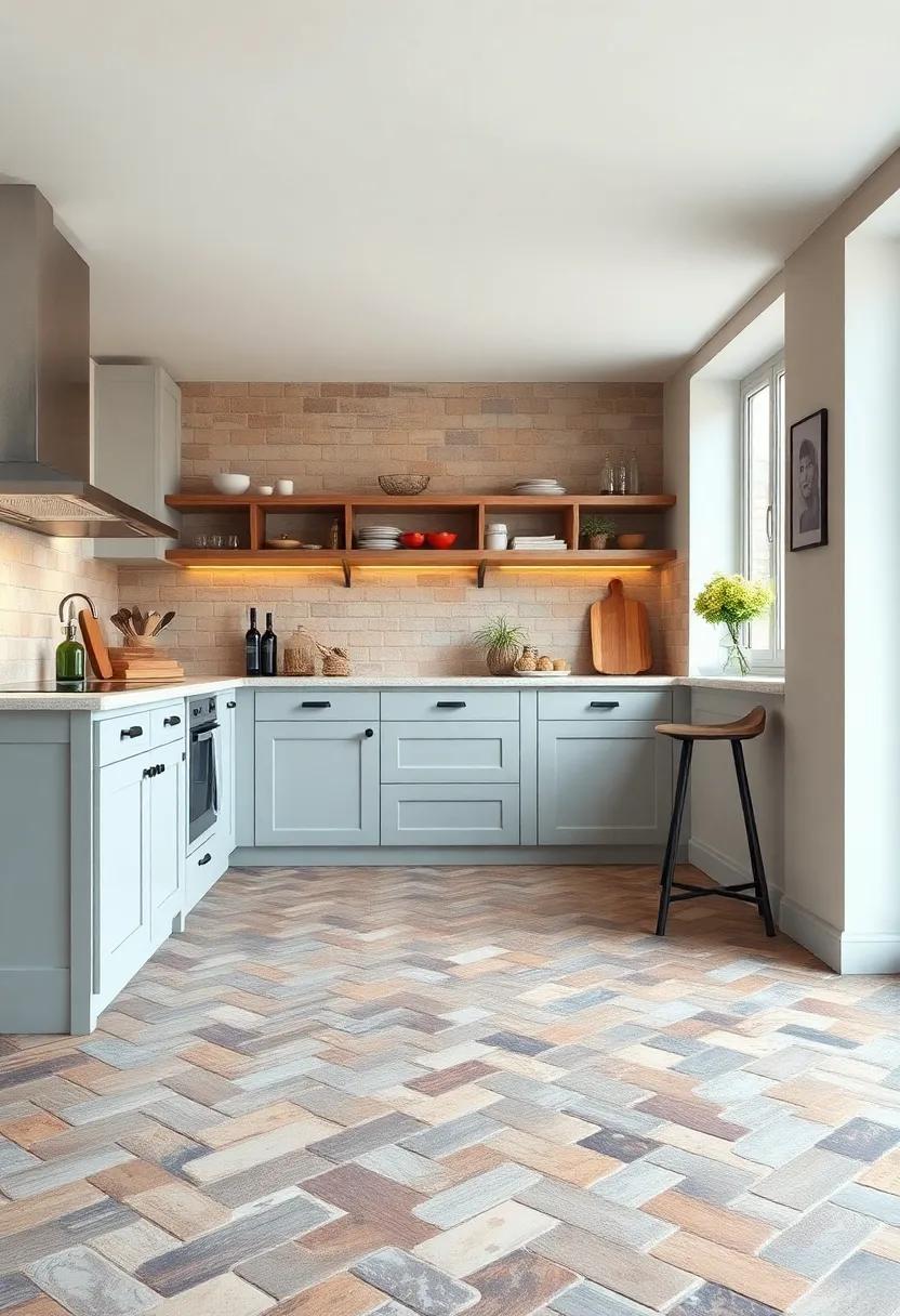 Rustic Herringbone Pattern: Opt for a herringbone layout with rustic tiles to introduce depth and visual interest to your kitchen floors