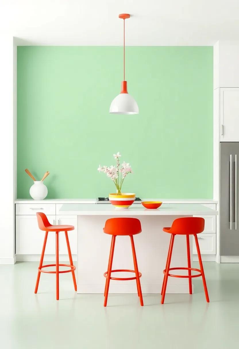 Add a Pop of color: Use vibrant bar stools or decorative bowls to introduce a cheerful splash of color into your kitchen