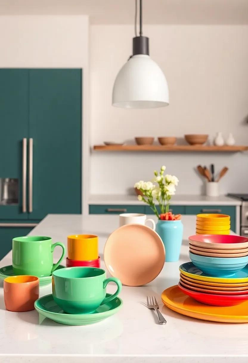 Use Colorful Dinnerware: Add character to your island's setup with a vibrant collection of plates, mugs, or serving ware