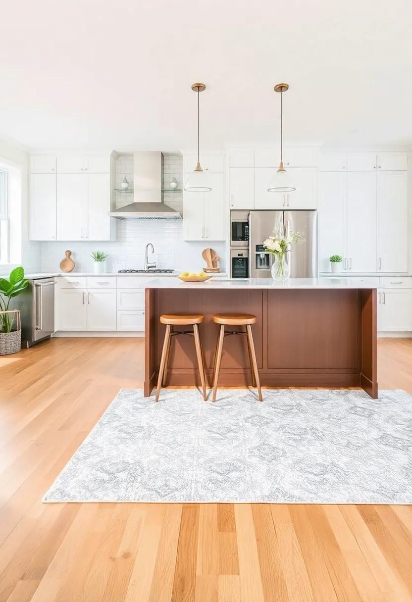 Use a Statement Rug: A bold area rug can define your kitchen island’s space and add warmth to the overall design