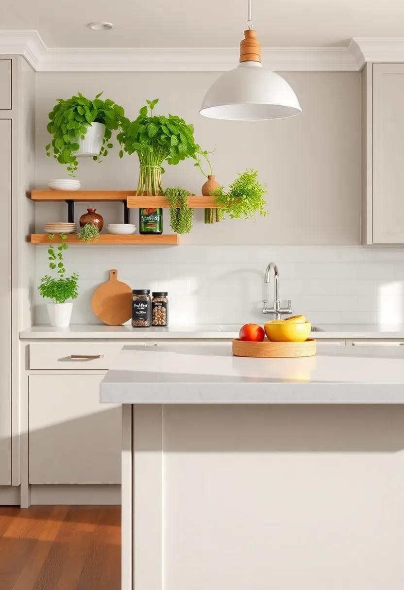 Utilize Vertical Space: hang herbs in stylish pots or install a magnetic spice rack above the island to preserve counter space