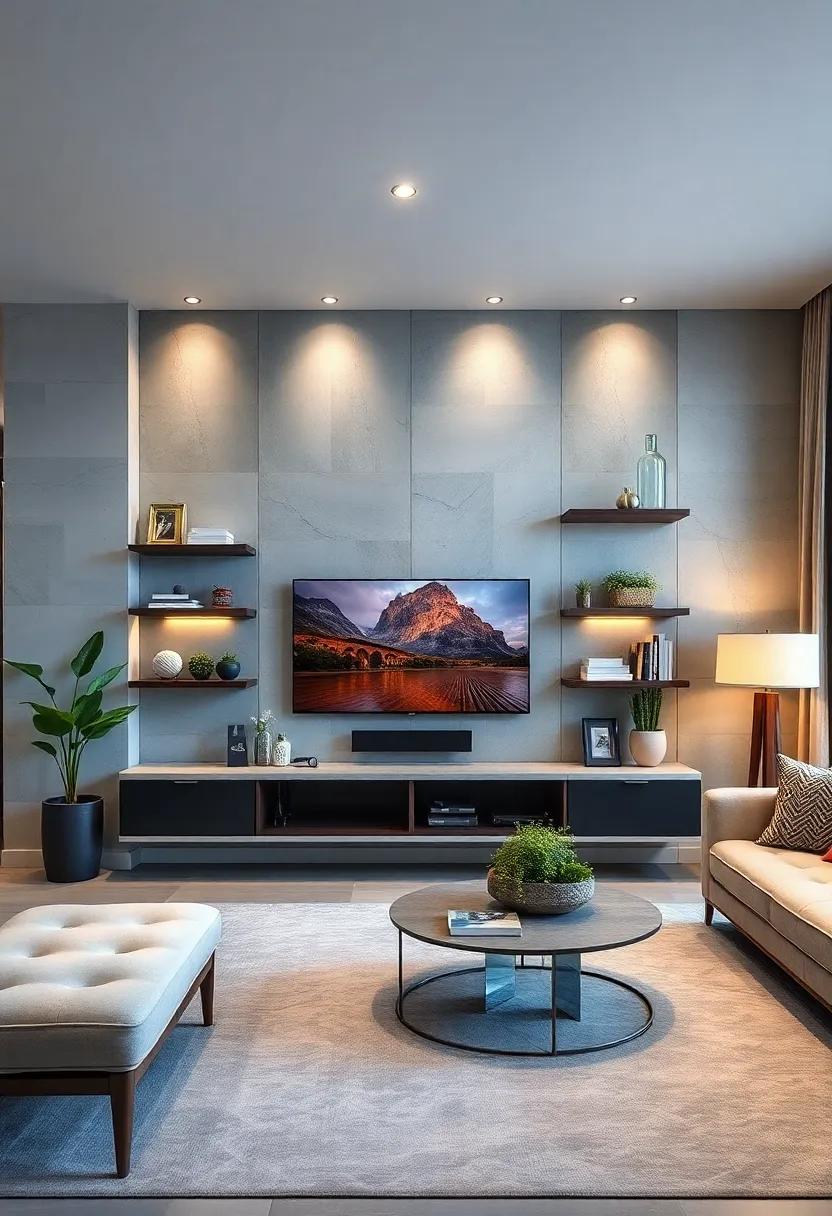 Floating Shelves: Install floating shelves around your TV for stylish display areas for books, plants, and curated decor​ items