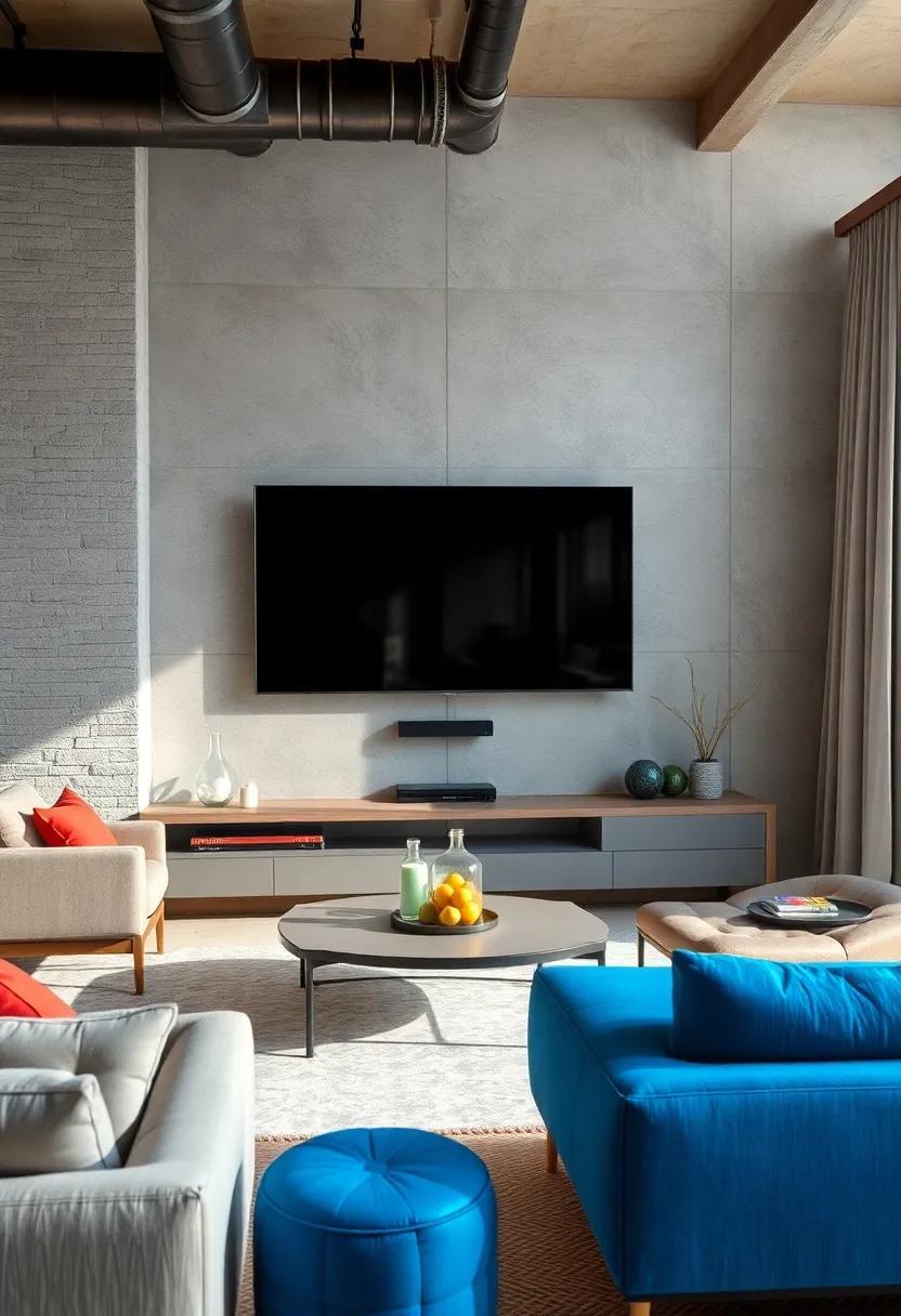 Industrial-inspired look: Combine metal accents and exposed pipes with your TV setup for an edgy,urban feel⁣ that‌ meshes with a modern interior