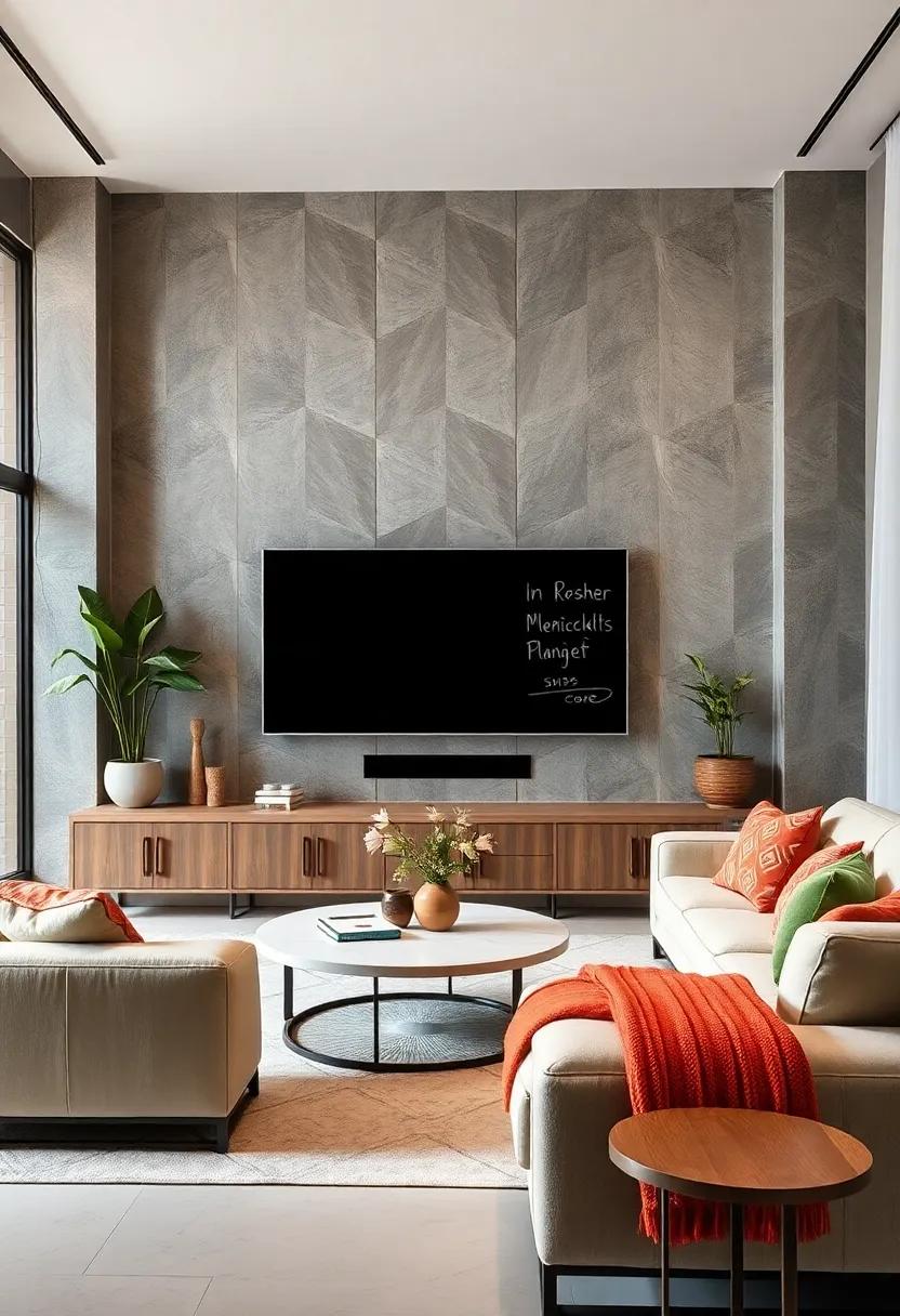 Interactive ‍Elements: Integrate a chalkboard ⁤or pinboard area​ alongside ​your ‍TV for practical use and an element of fun for family memos or artwork