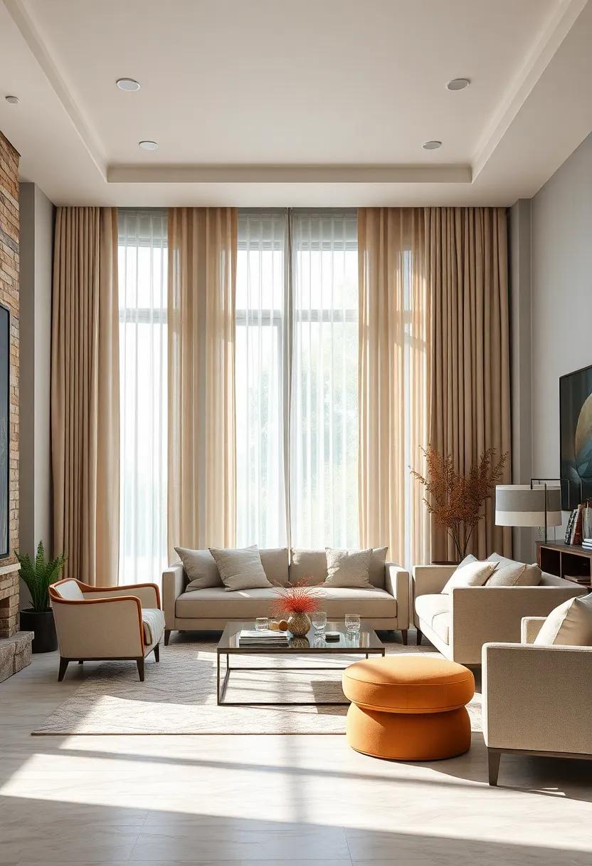 Stylish Drapes: elevate your windows with flowing beige drapes that gently frame the light gray walls, allowing natural light to enhance the cozy vibe