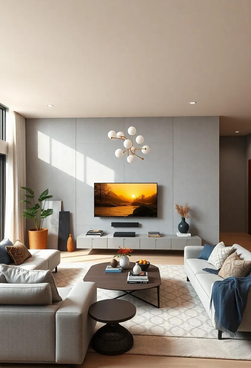 Floating Media center: Build a light gray media center that matches your beige walls, keeping your electronics organized while enhancing‍ the overall​ aesthetic