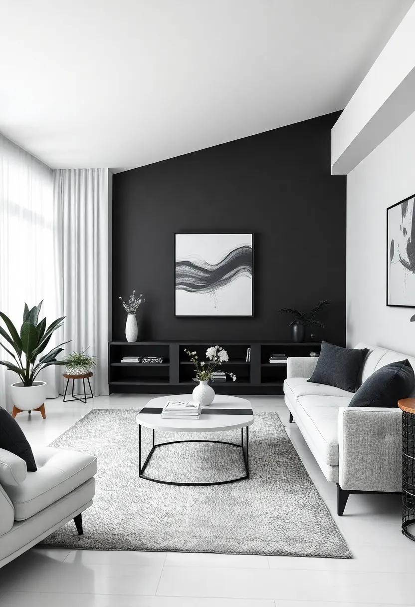 Chic Harmony of Black Accent Walls and White Decor in a Cozy Living Room