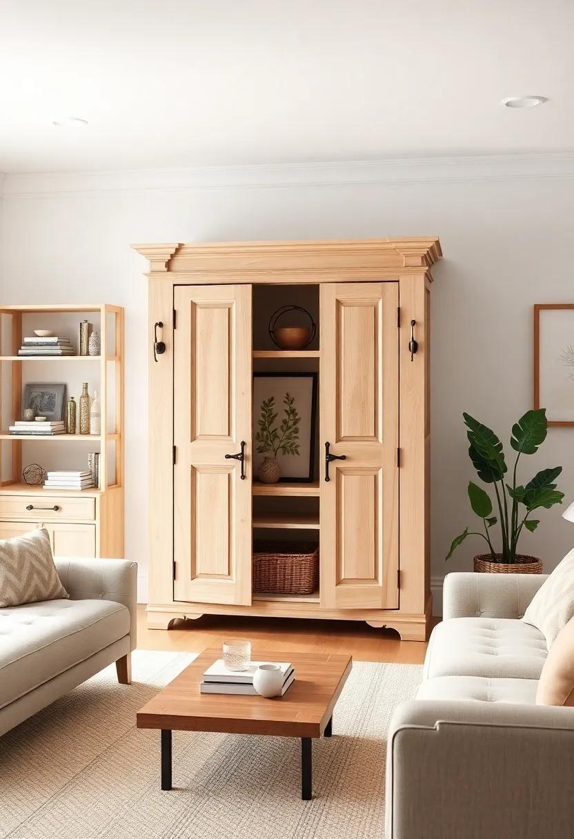 Accessorize a simple armoire with statement hardware to elevate its design and tie in with the overall theme of your living room