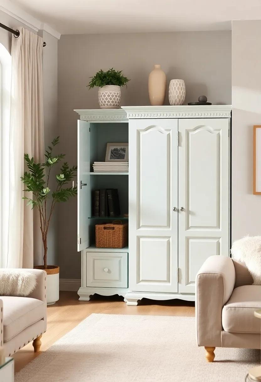 Add a touch of whimsy with a pastel-colored armoire, creating a playful contrast in a contemporary or eclectic living room