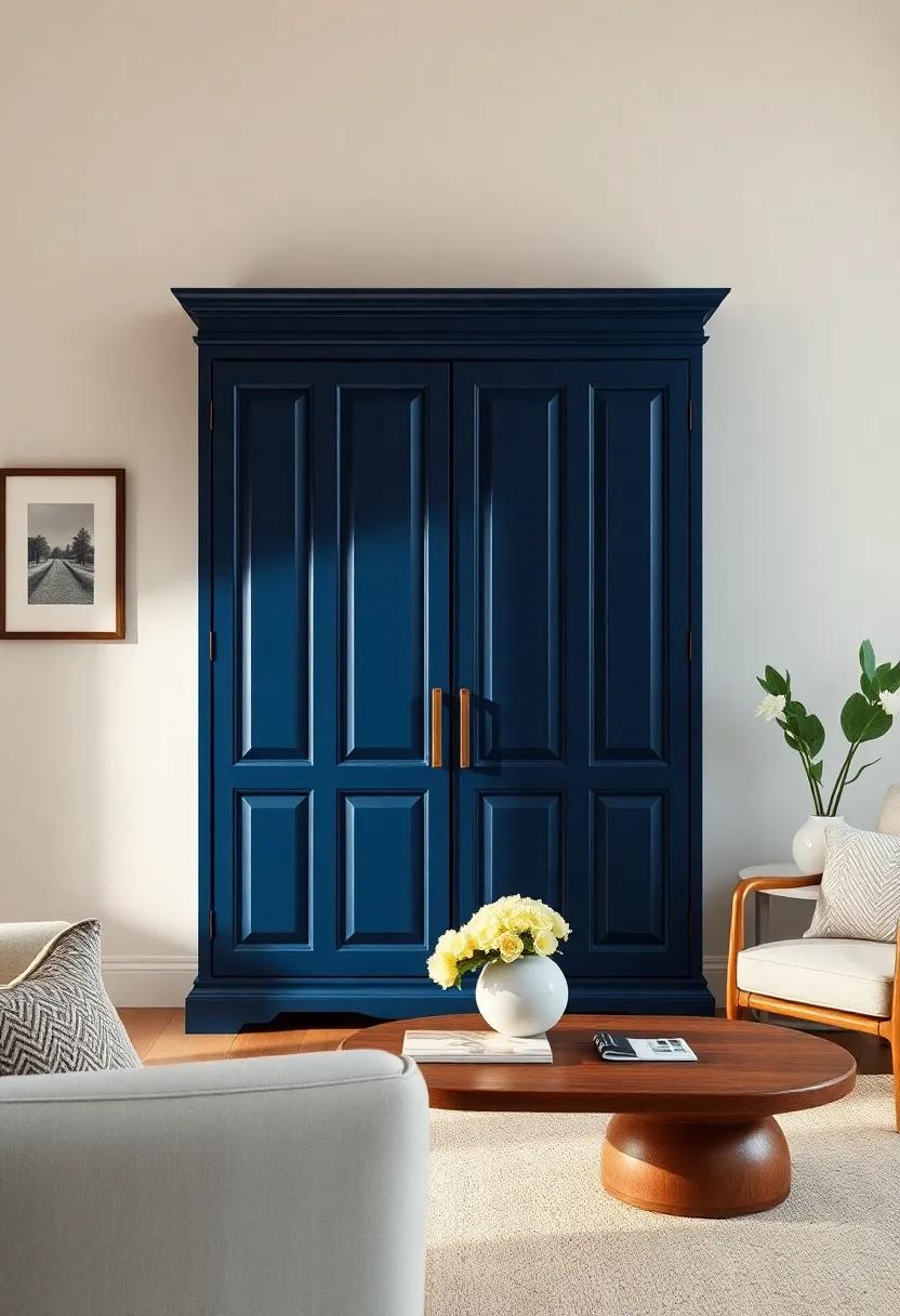 A bold navy blue armoire can serve as a stunning focal point against neutral walls, infusing your living room with dramatic flair
