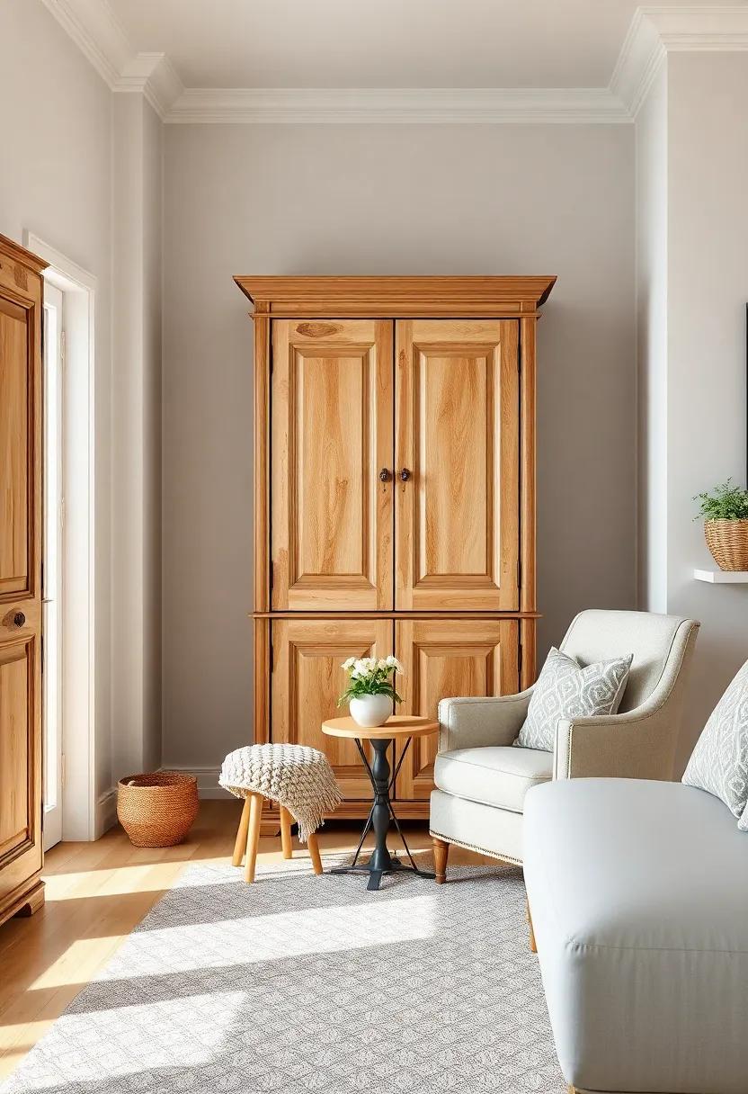Create a reading nook around your armoire by adding a cozy armchair and a small side table, making it a multifunctional corner of comfort